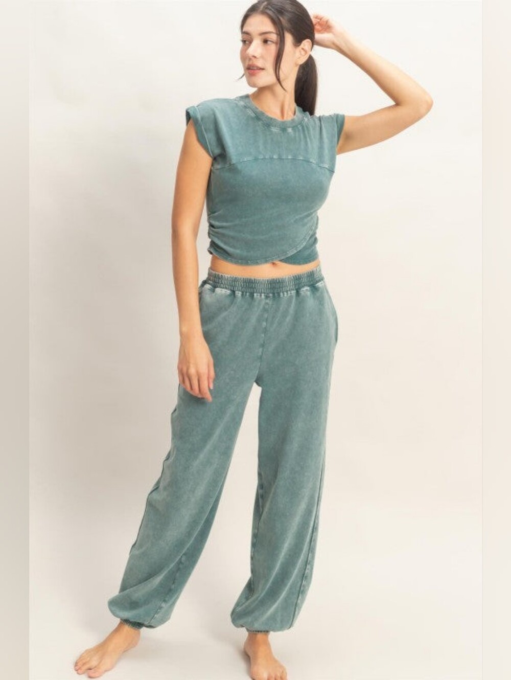 Double Zero 2-Piece Set Dark Teal Blue Mineral Wash  Crop Wide Leg Jogger L